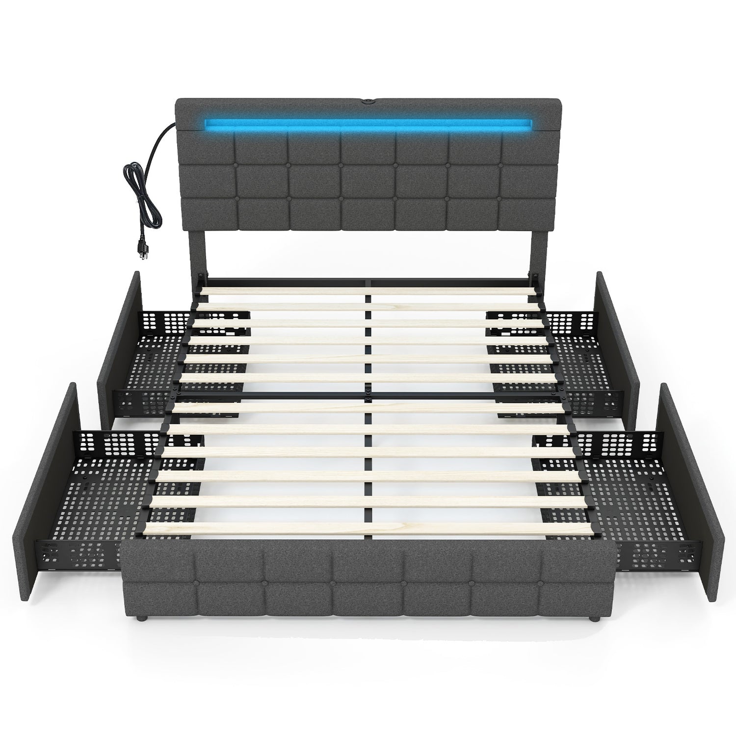 Upholstered Queen LED Bed Frame with Headboard and 4 Drawers
