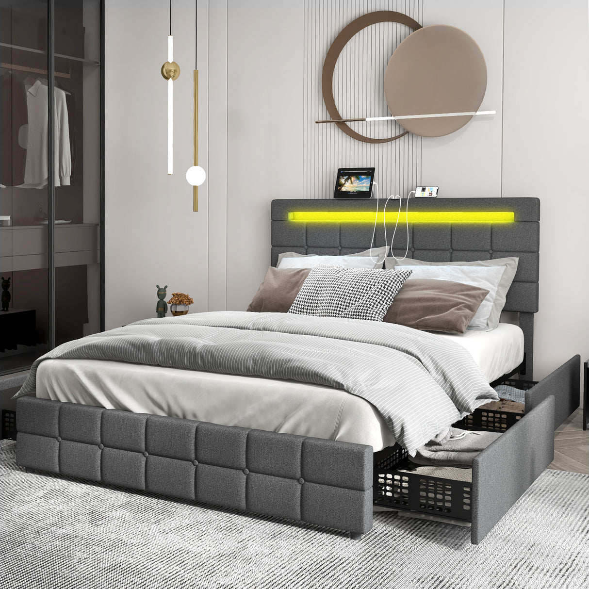 Upholstered Queen LED Bed Frame with Headboard and 4 Drawers