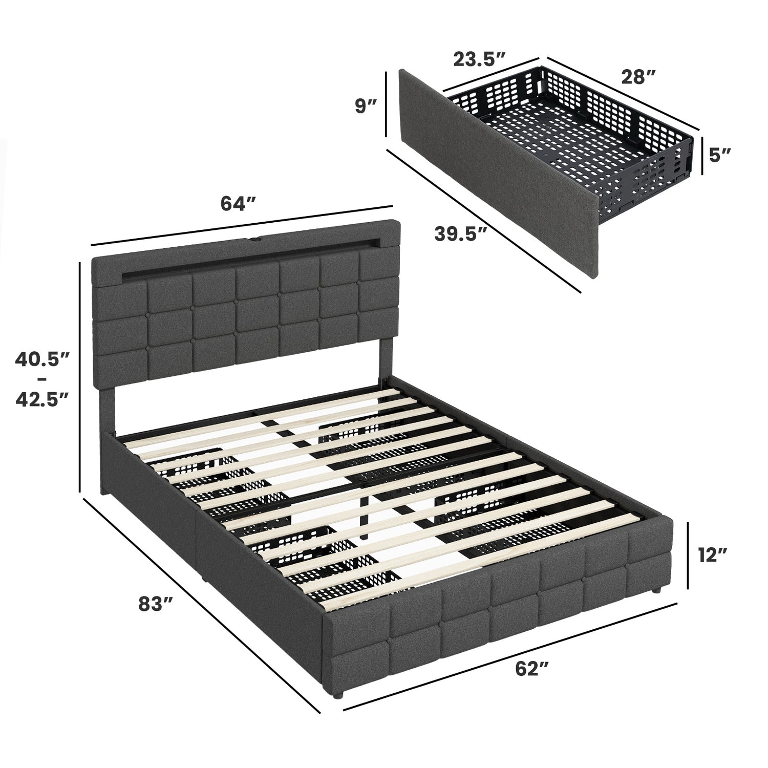 Upholstered Queen LED Bed Frame with Headboard and 4 Drawers