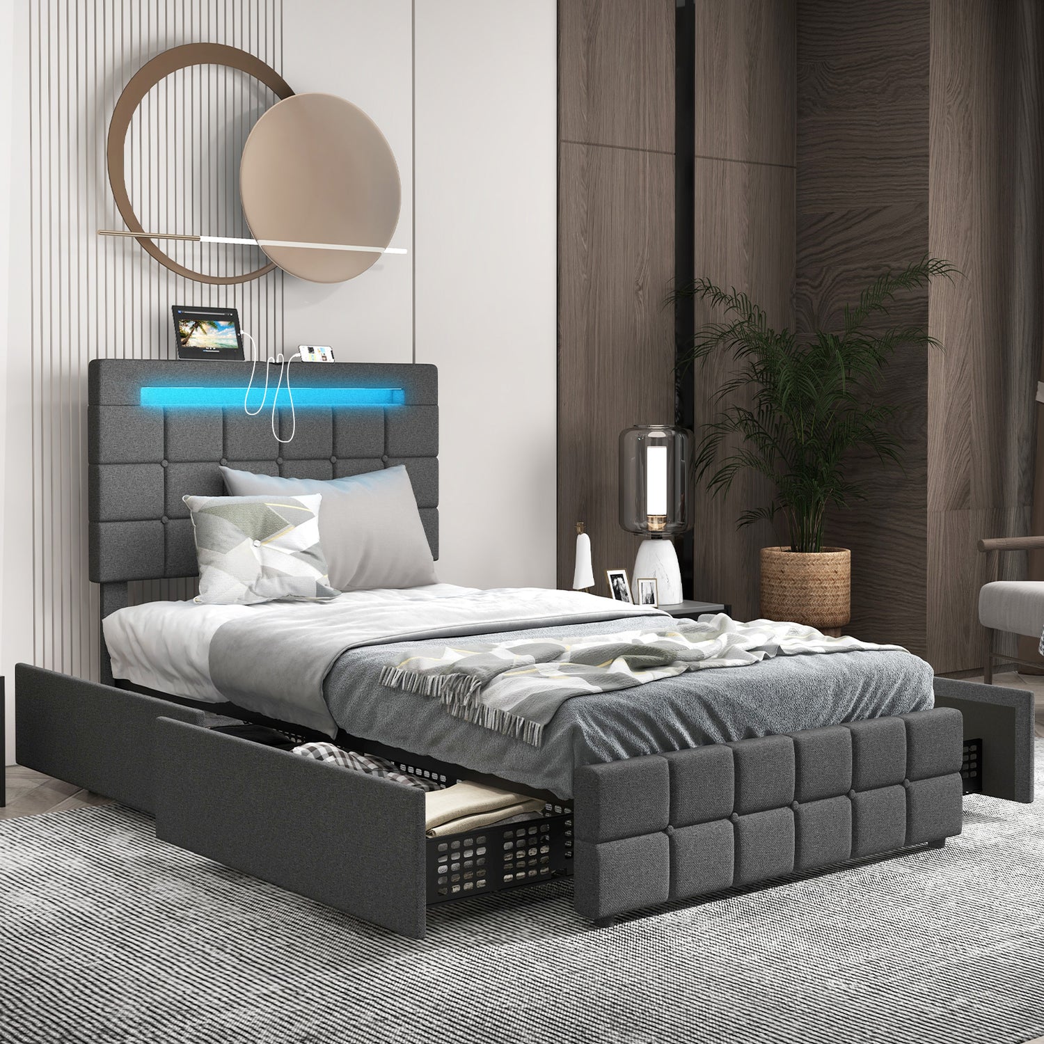 Upholstered Queen LED Bed Frame with Headboard and 4 Drawers