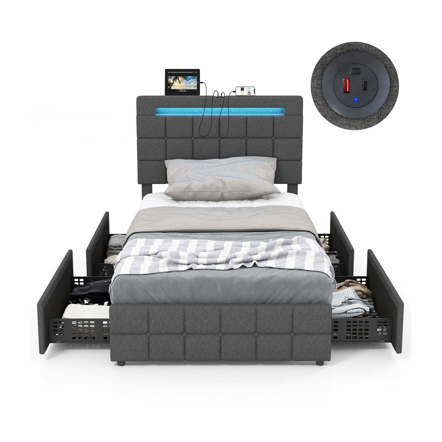 Upholstered Queen LED Bed Frame with Headboard and 4 Drawers