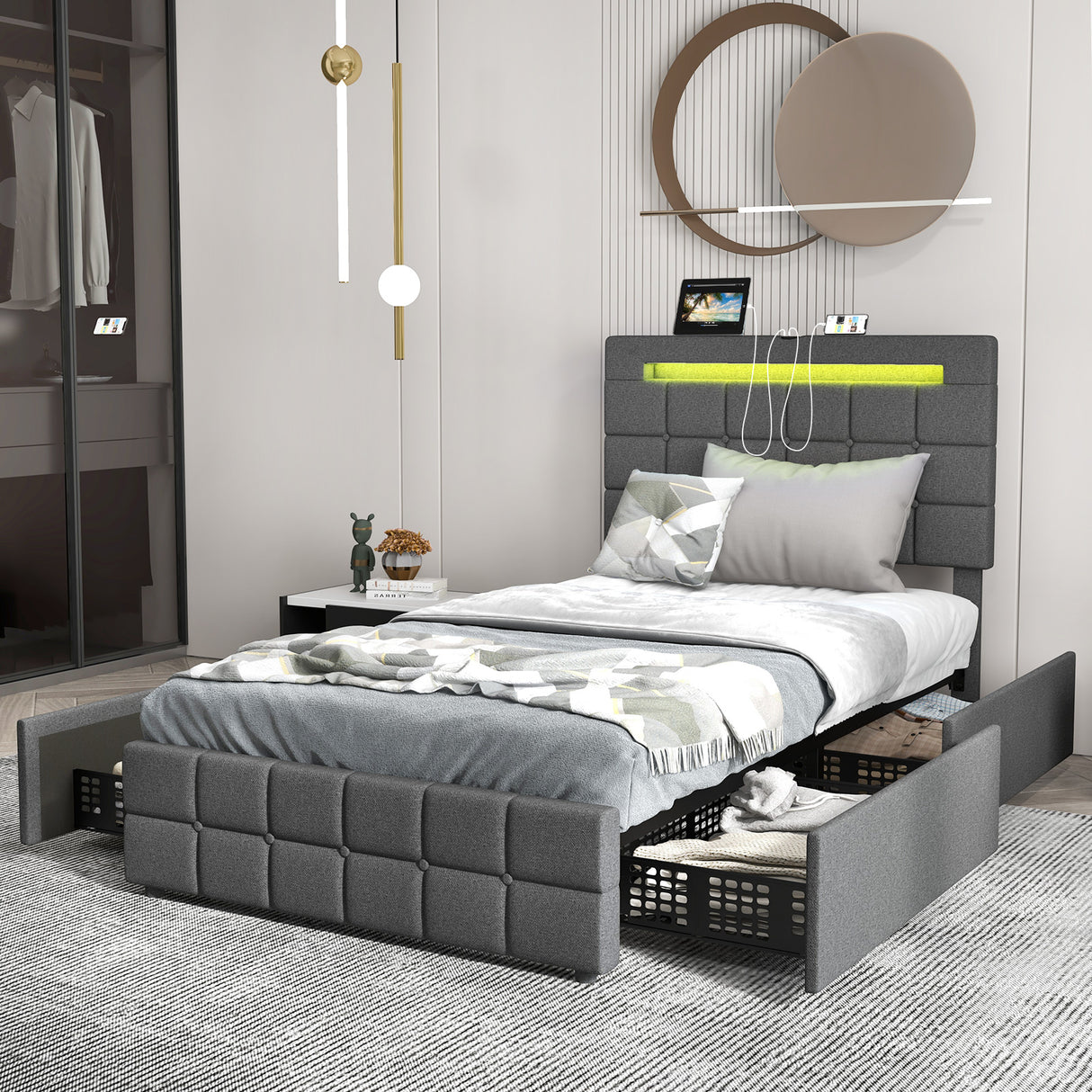 Upholstered Queen LED Bed Frame with Headboard and 4 Drawers