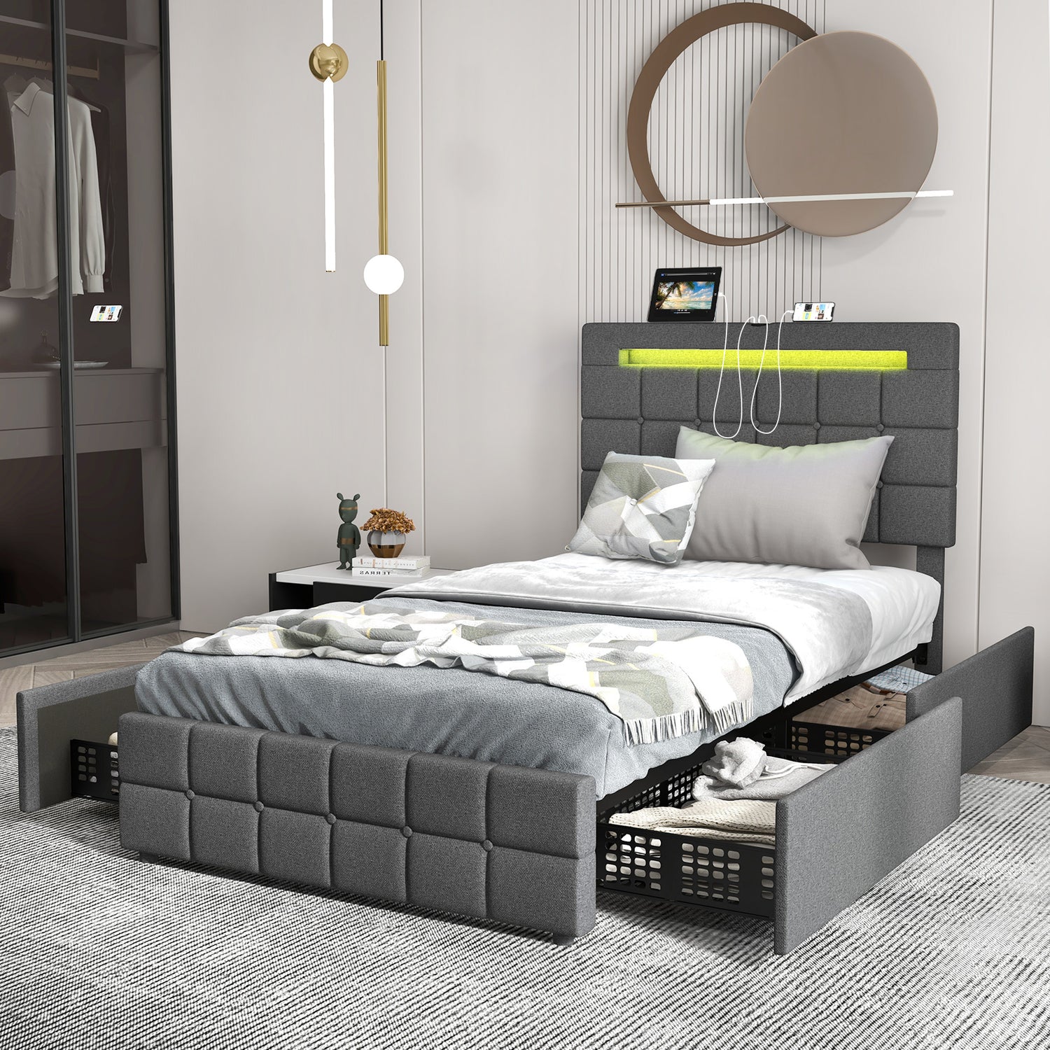 Upholstered Queen LED Bed Frame with Headboard and 4 Drawers