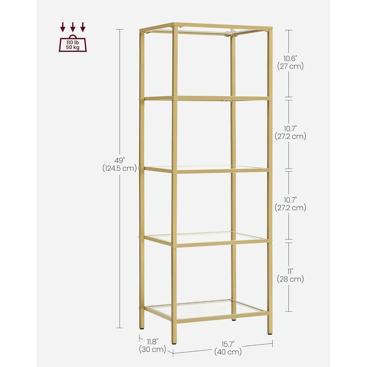 Narrow Gold Metal Frame Glass Shelves Shelving Unit Slim 4-Shelf Bookcase