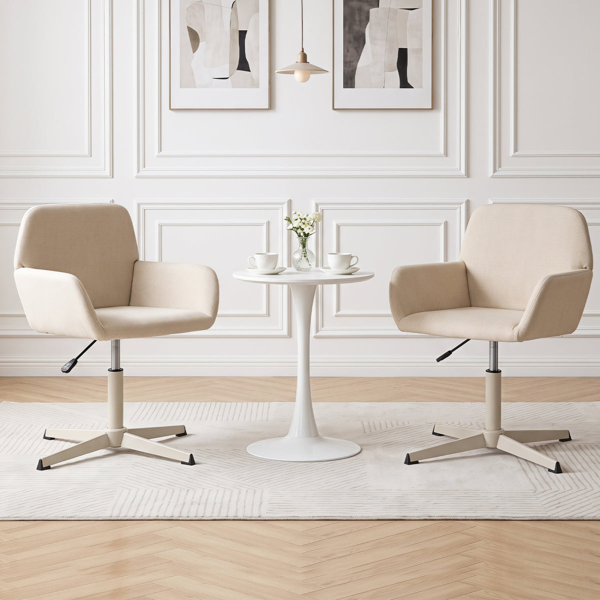 Vanity Chair with Back 360° Swivel Armchair w/ Adjustable Height for Home Office-Beige
