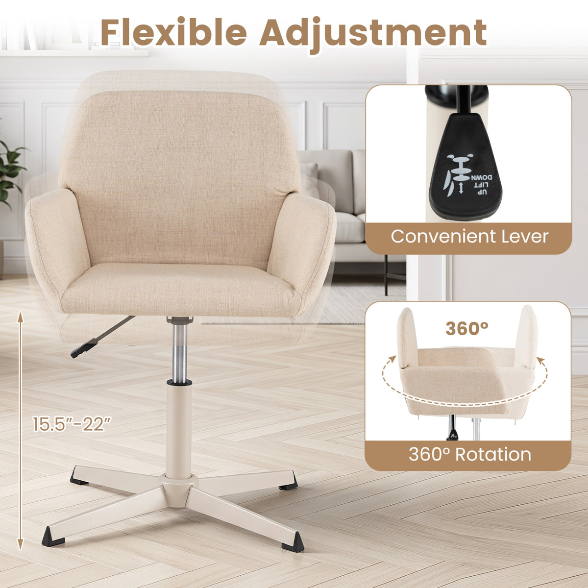 Vanity Chair with Back 360° Swivel Armchair w/ Adjustable Height for Home Office-Beige