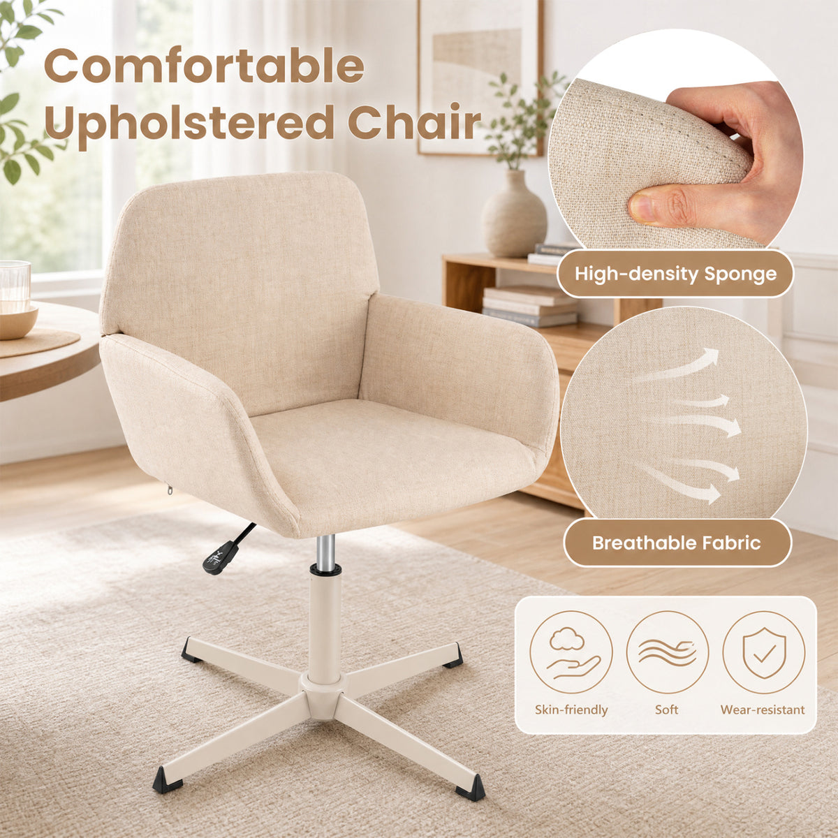 Vanity Chair with Back 360° Swivel Armchair w/ Adjustable Height for Home Office-Beige