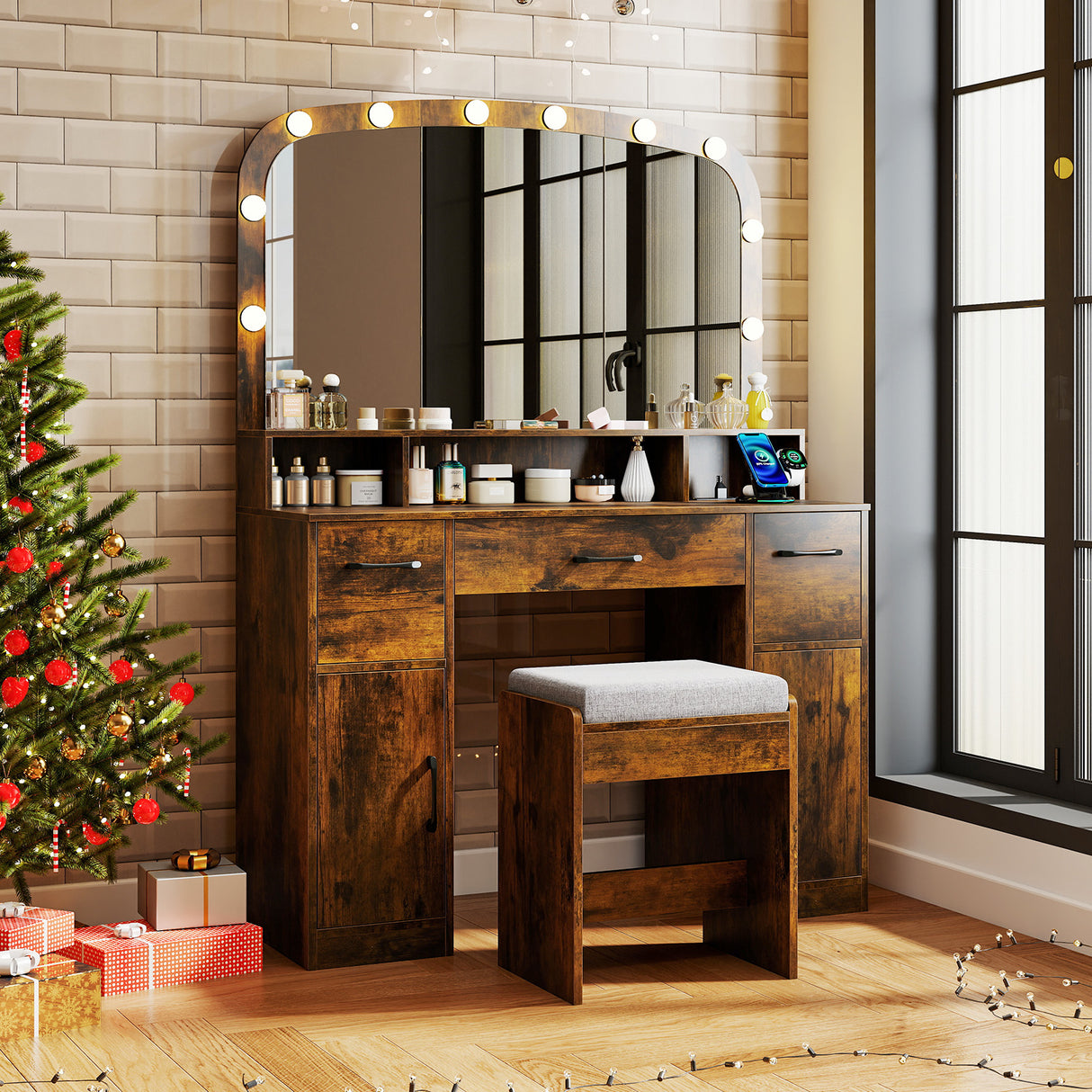 Vanity Desk Makeup Table with Stool 3-Color Lights and Charging Station