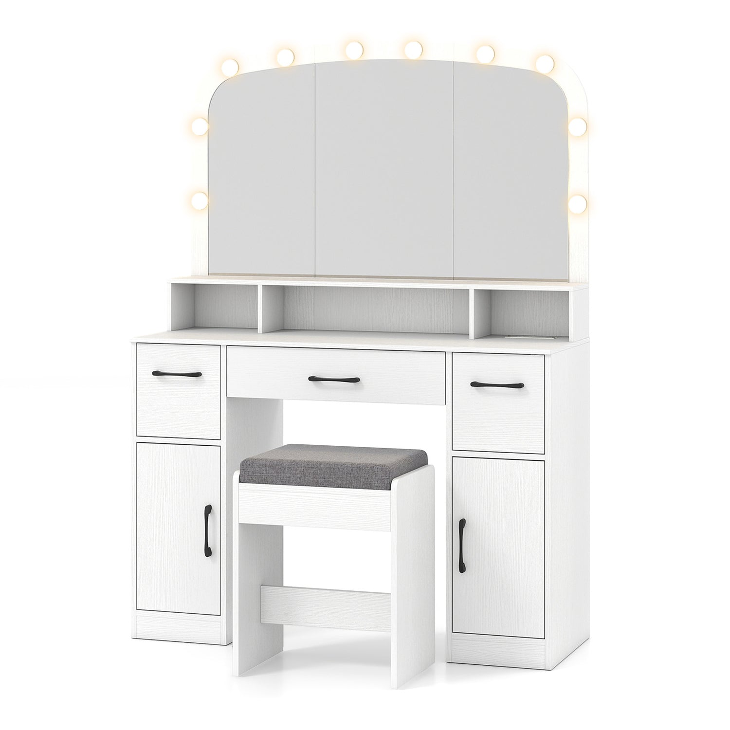 Vanity Desk Makeup Table with Stool 3-Color Lights and Charging Station