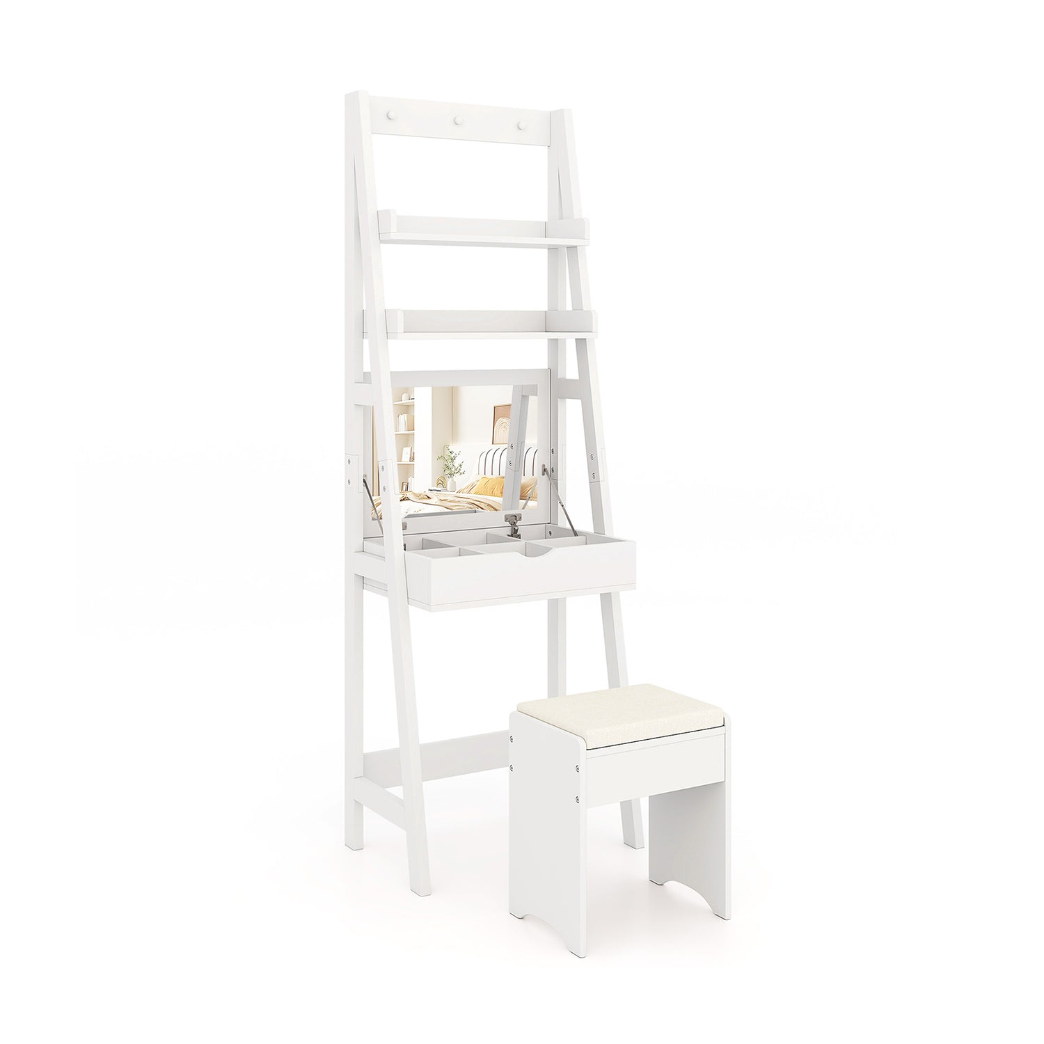 Vanity Desk Set with Flip Top Mirror Hidden Storage Compartments and Cushioned Stool-White