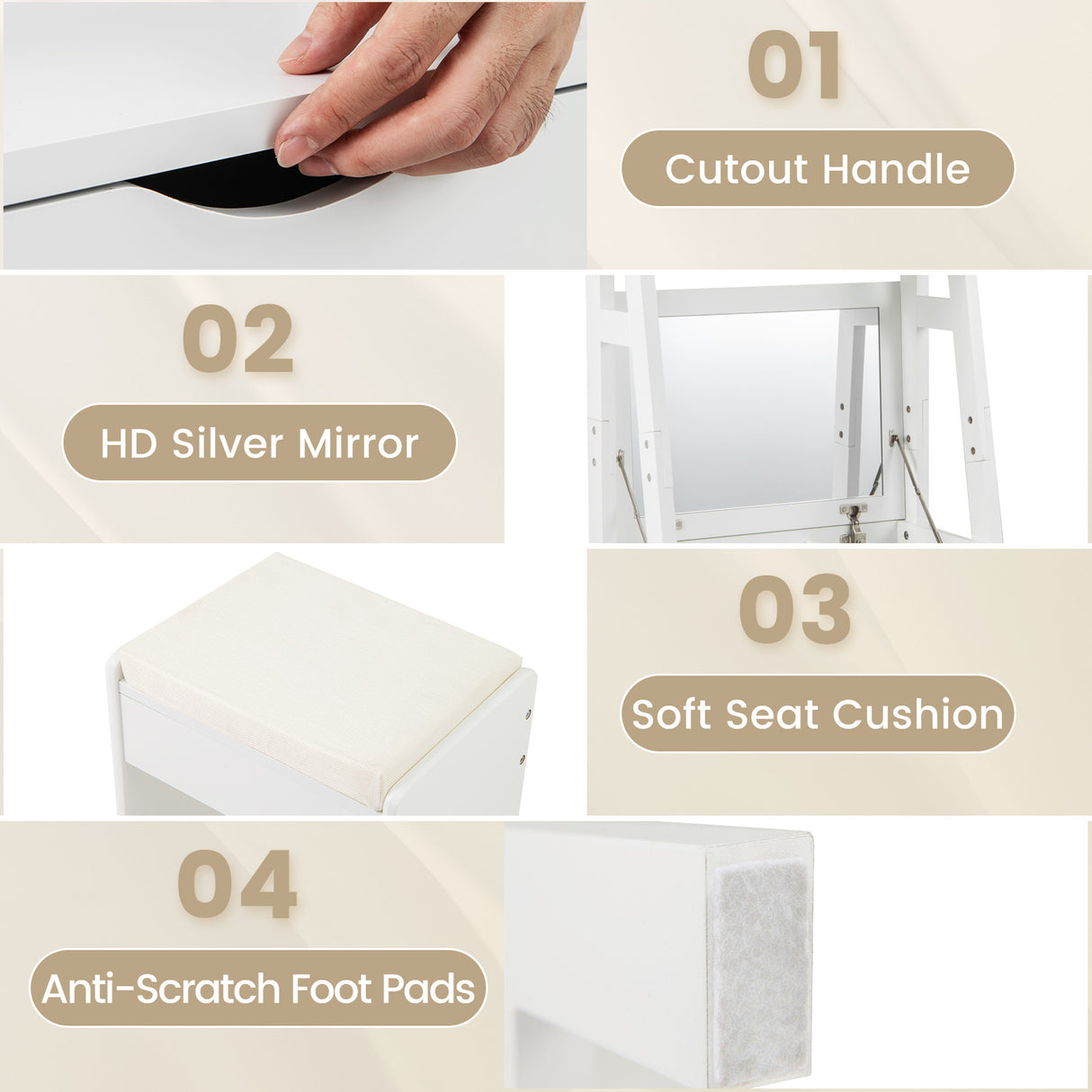 Vanity Desk Set with Flip Top Mirror Hidden Storage Compartments and Cushioned Stool-White