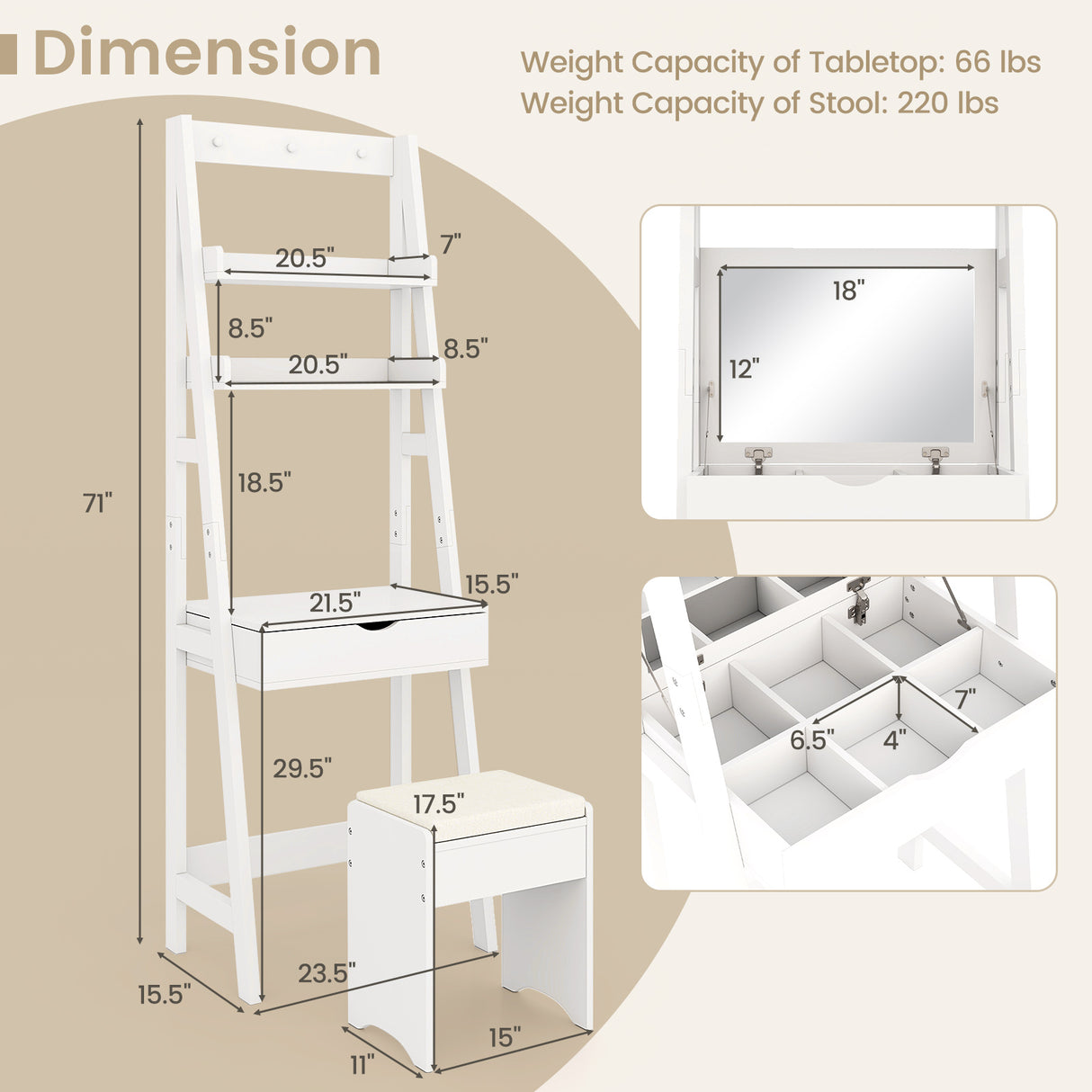 Vanity Desk Set with Flip Top Mirror Hidden Storage Compartments and Cushioned Stool-White