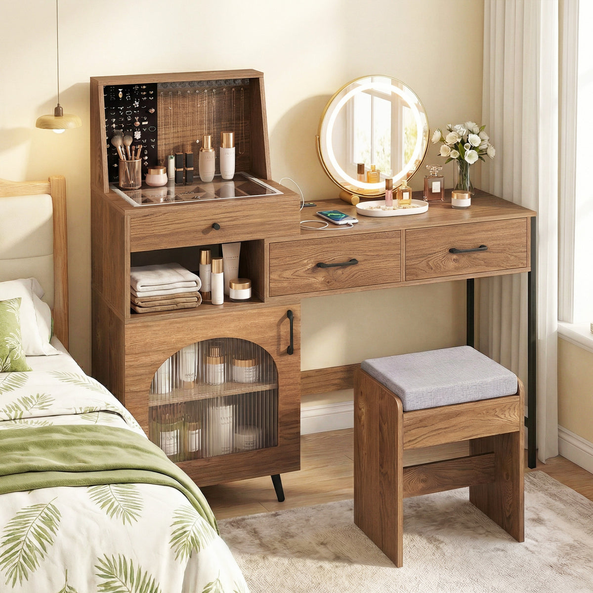 Vanity Desk with Mirror & Lights with Ring Slots & Necklace Hooks for Makeup