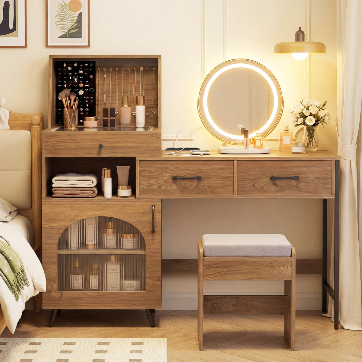 Vanity Desk with Mirror & Lights with Ring Slots & Necklace Hooks for Makeup