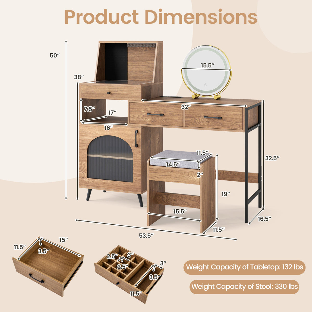 Vanity Desk with Mirror & Lights with Ring Slots & Necklace Hooks for Makeup