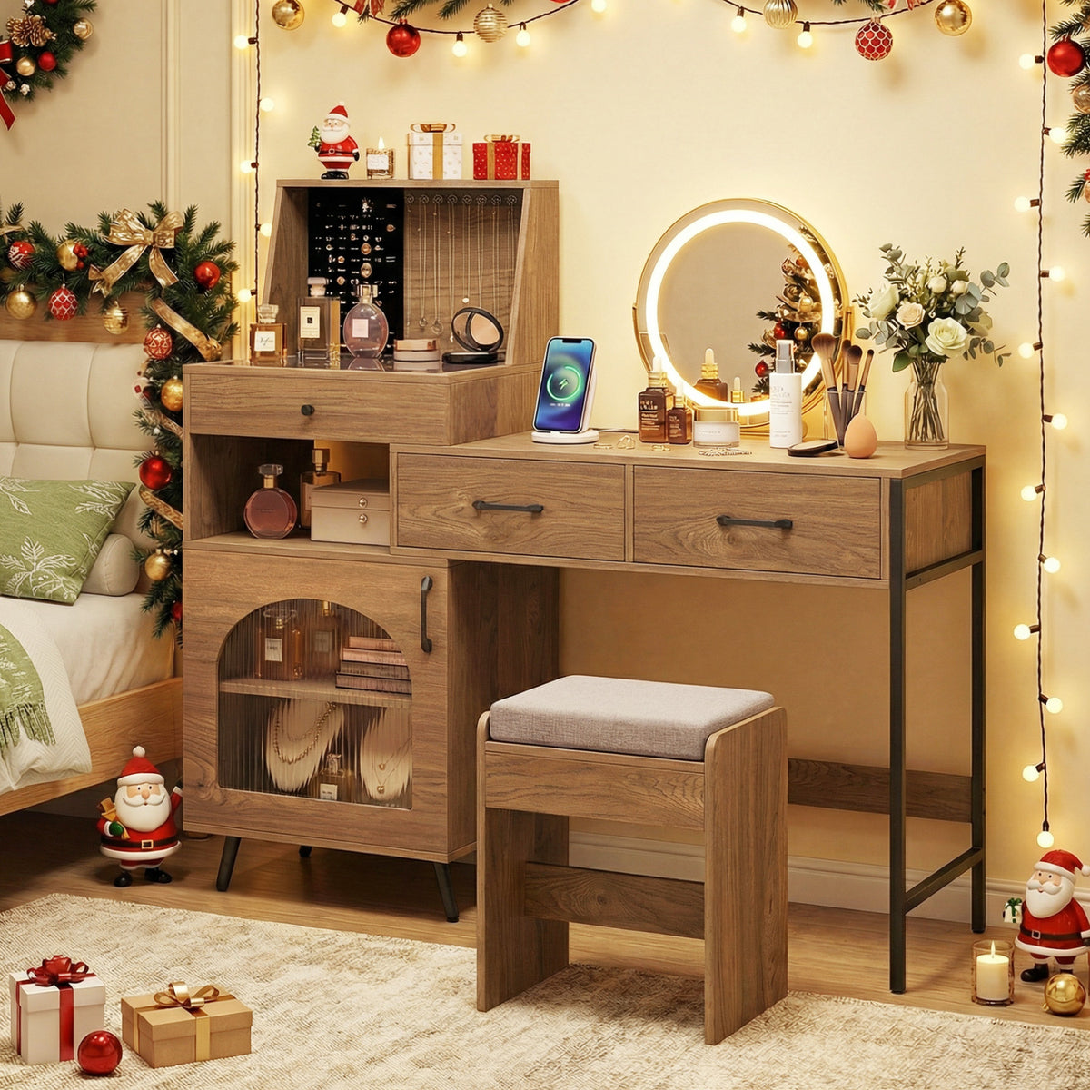 Vanity Desk with Mirror & Lights with Ring Slots & Necklace Hooks for Makeup