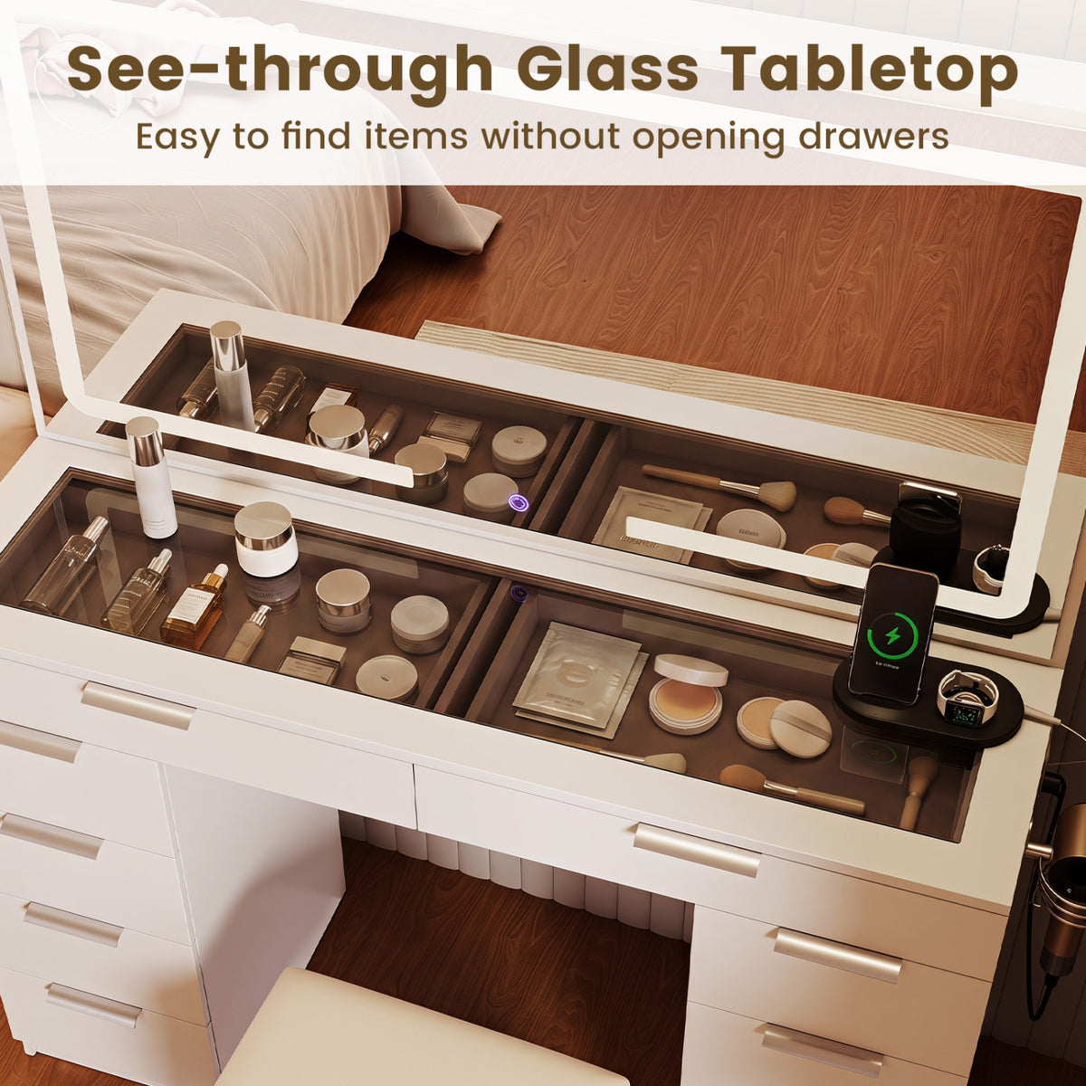 Vanity Desk with Mirror & Lights and Stool with Charging Station for Makeup-White