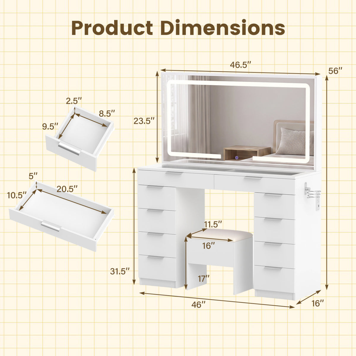 Vanity Desk with Mirror & Lights and Stool with Charging Station for Makeup-White