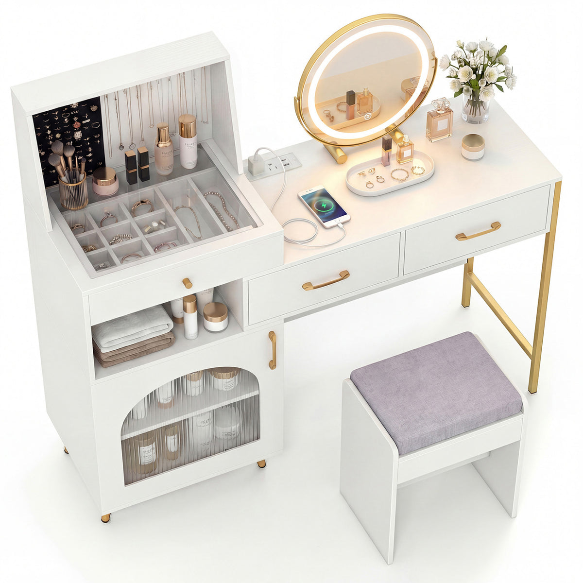 Vanity Desk with Mirror & Lights with Ring Slots & Necklace Hooks for Makeup