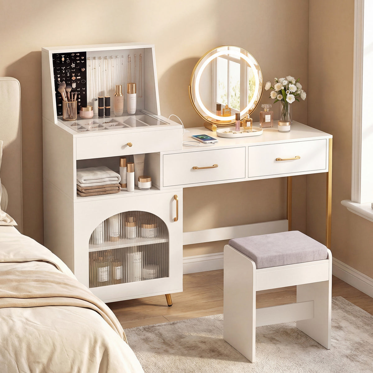 Vanity Desk with Mirror & Lights with Ring Slots & Necklace Hooks for Makeup
