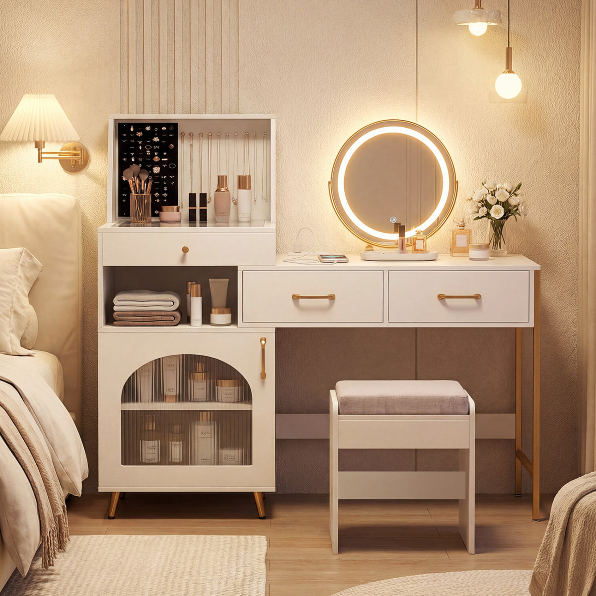 Vanity Desk with Mirror & Lights with Ring Slots & Necklace Hooks for Makeup
