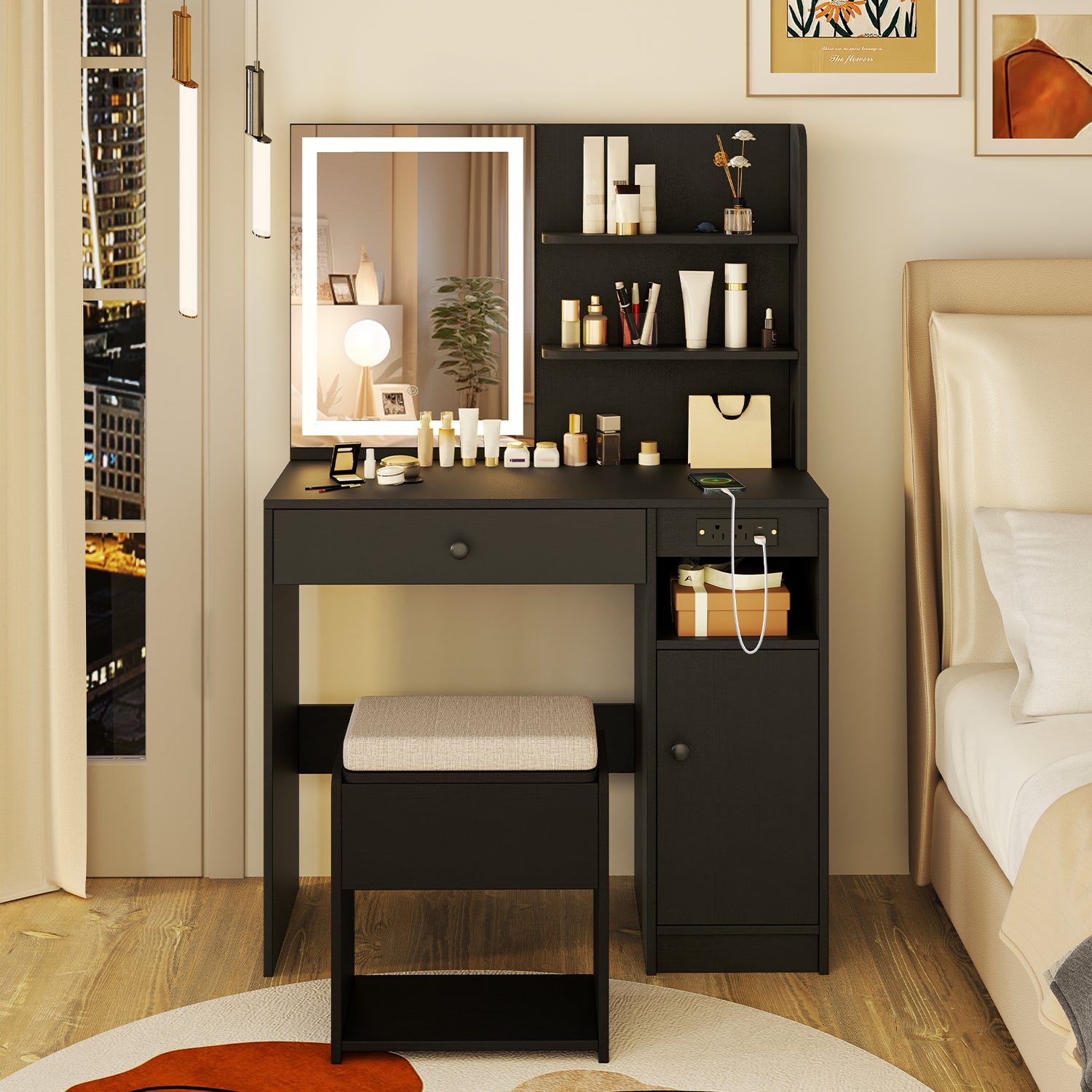 Vanity Desk with Mirror and Lights