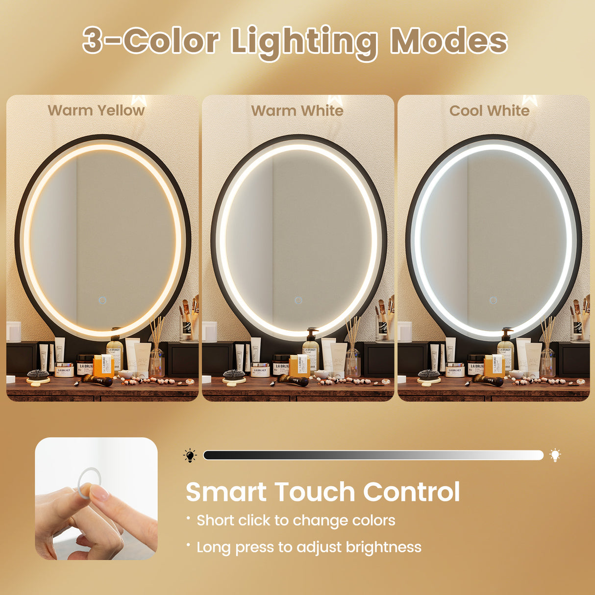 Vanity Table Set with 3-Color Lighted Dimmable Mirror