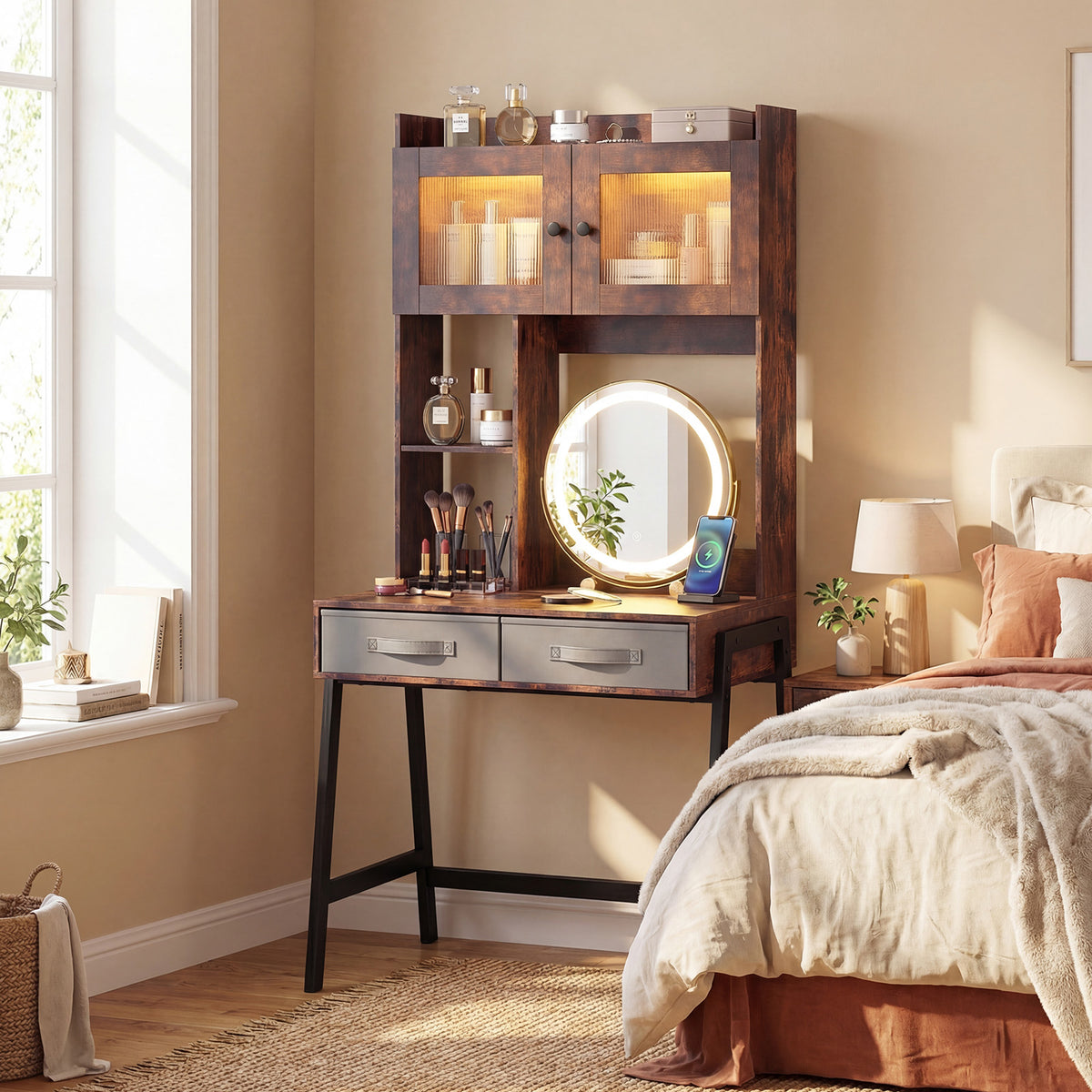 Vanity Desk with Rotatable Mirror and Lights Modern Dressing Table with 3 Light Colors