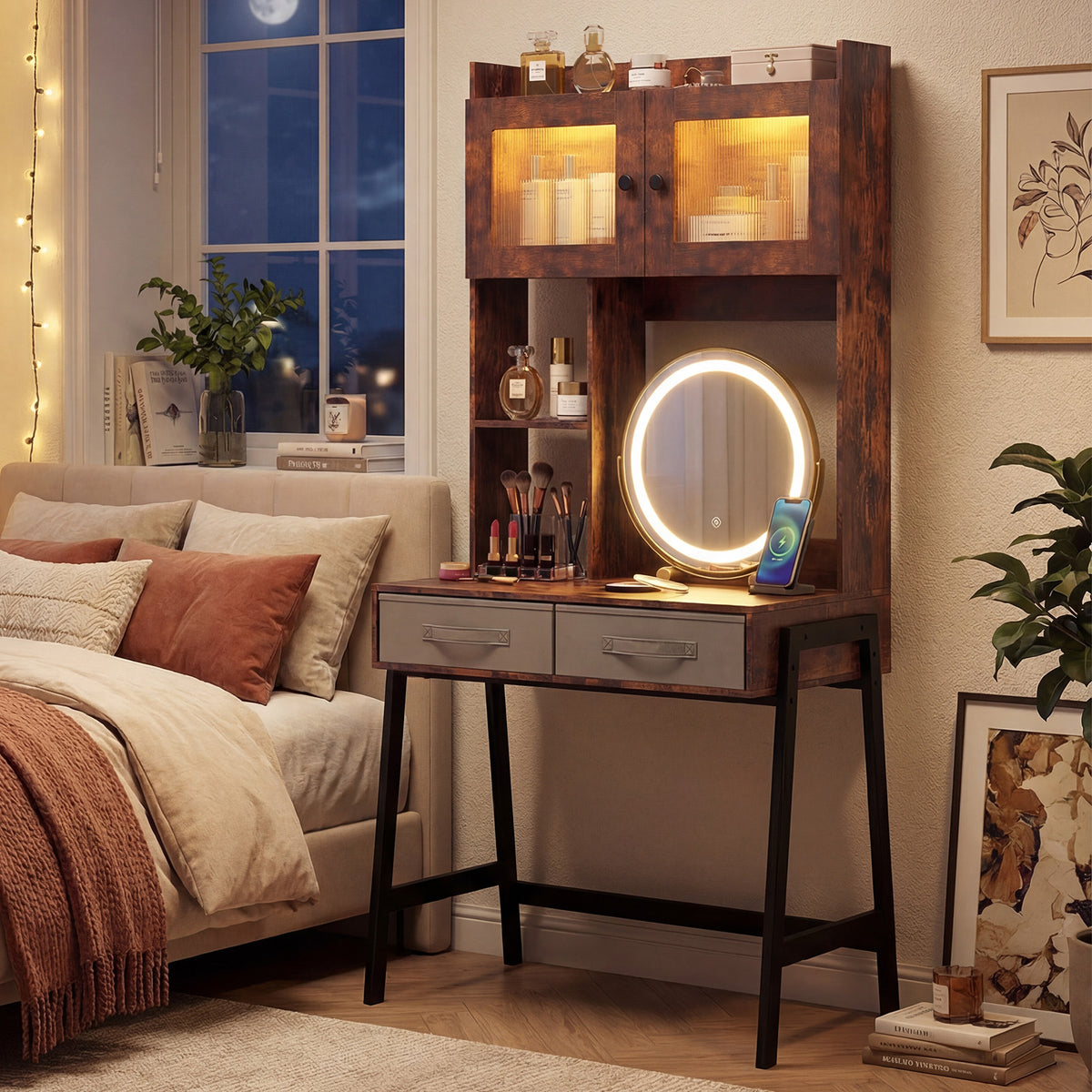 Vanity Desk with Rotatable Mirror and Lights Modern Dressing Table with 3 Light Colors