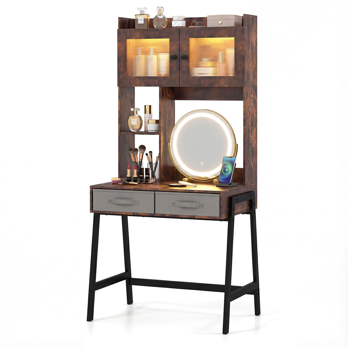 Vanity Desk with Rotatable Mirror and Lights Modern Dressing Table with 3 Light Colors