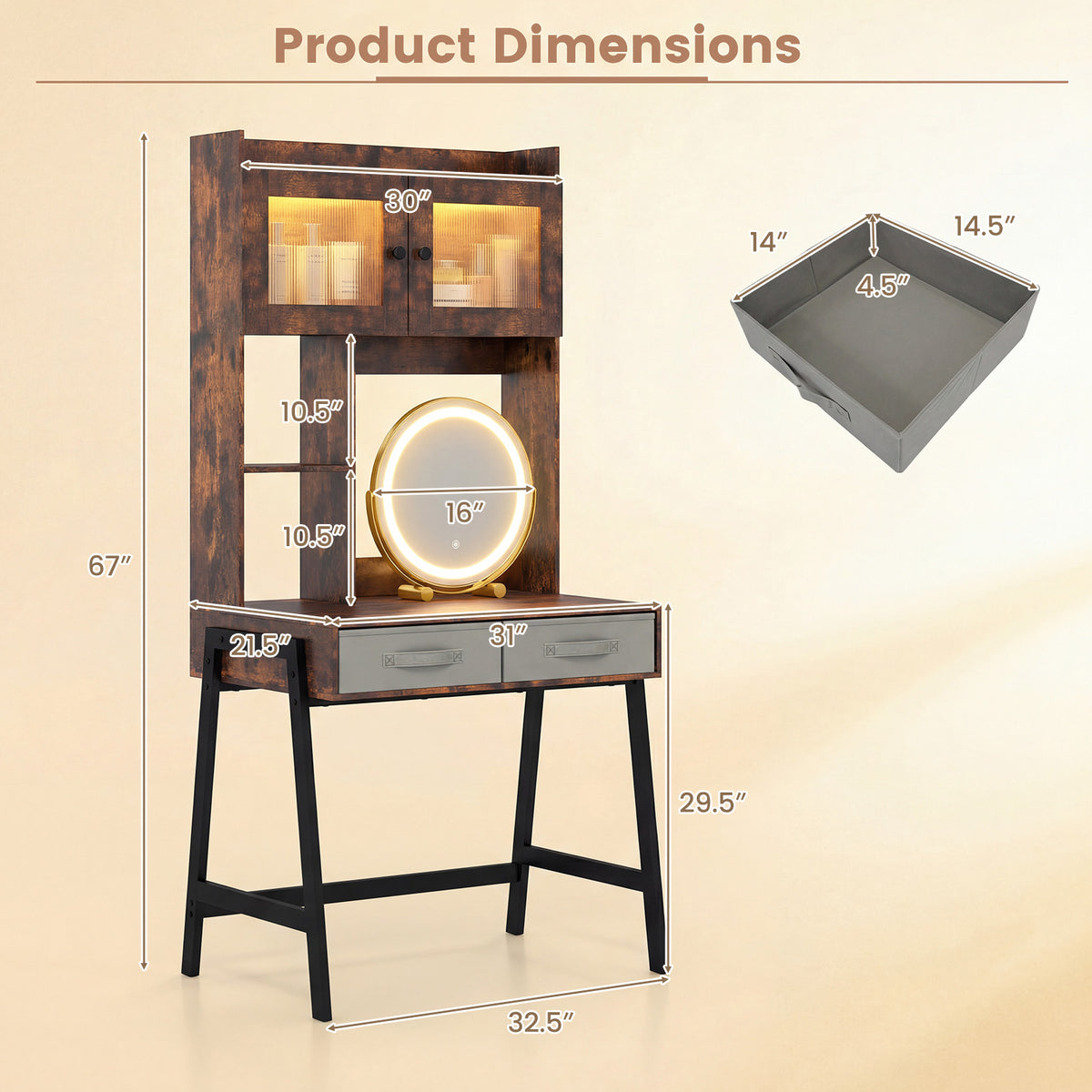 Vanity Desk with Rotatable Mirror and Lights Modern Dressing Table with 3 Light Colors
