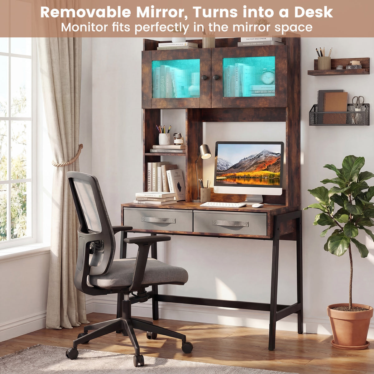 Vanity Desk with Rotatable Mirror and Lights Modern Dressing Table with 3 Light Colors