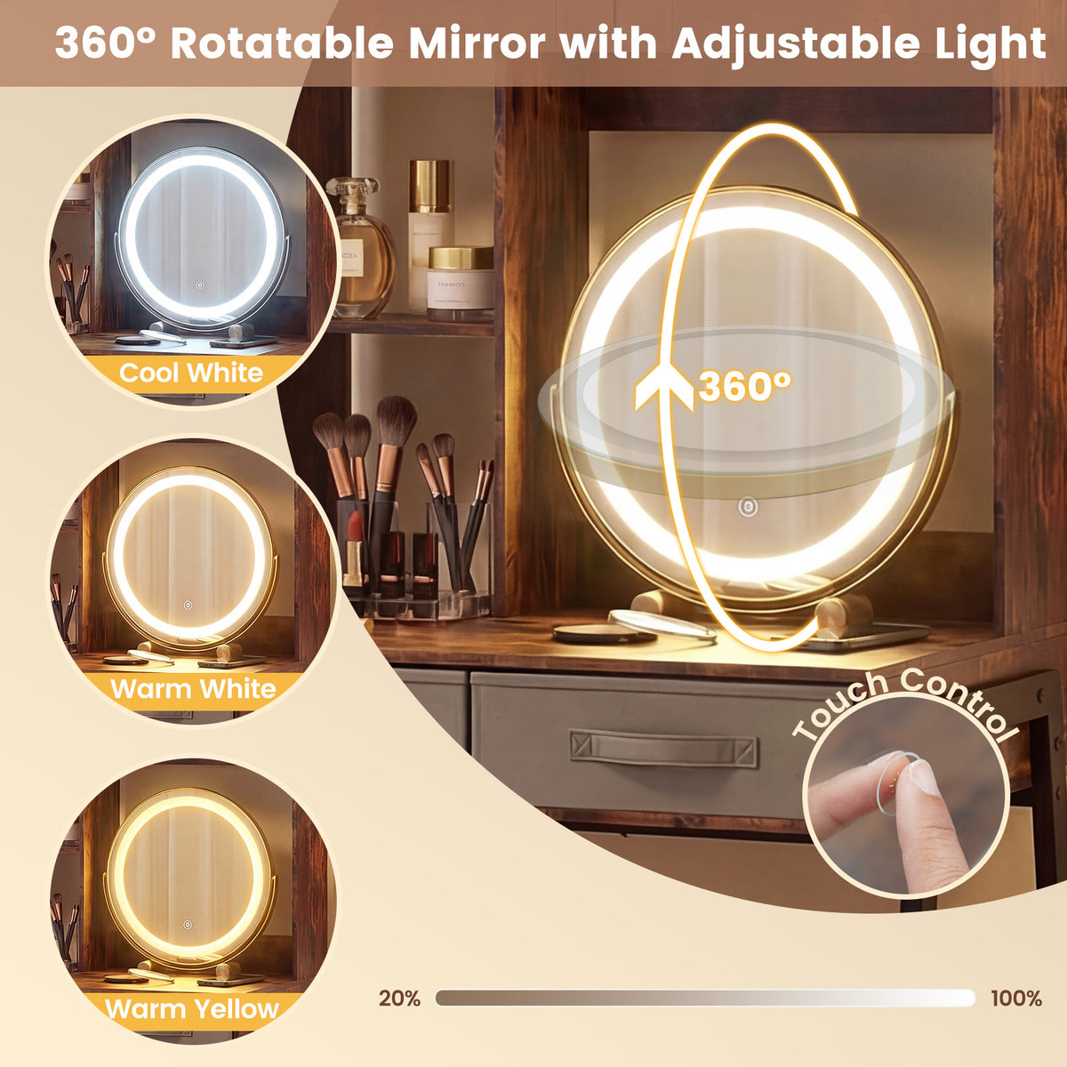 Vanity Desk with Rotatable Mirror and Lights Modern Dressing Table with 3 Light Colors