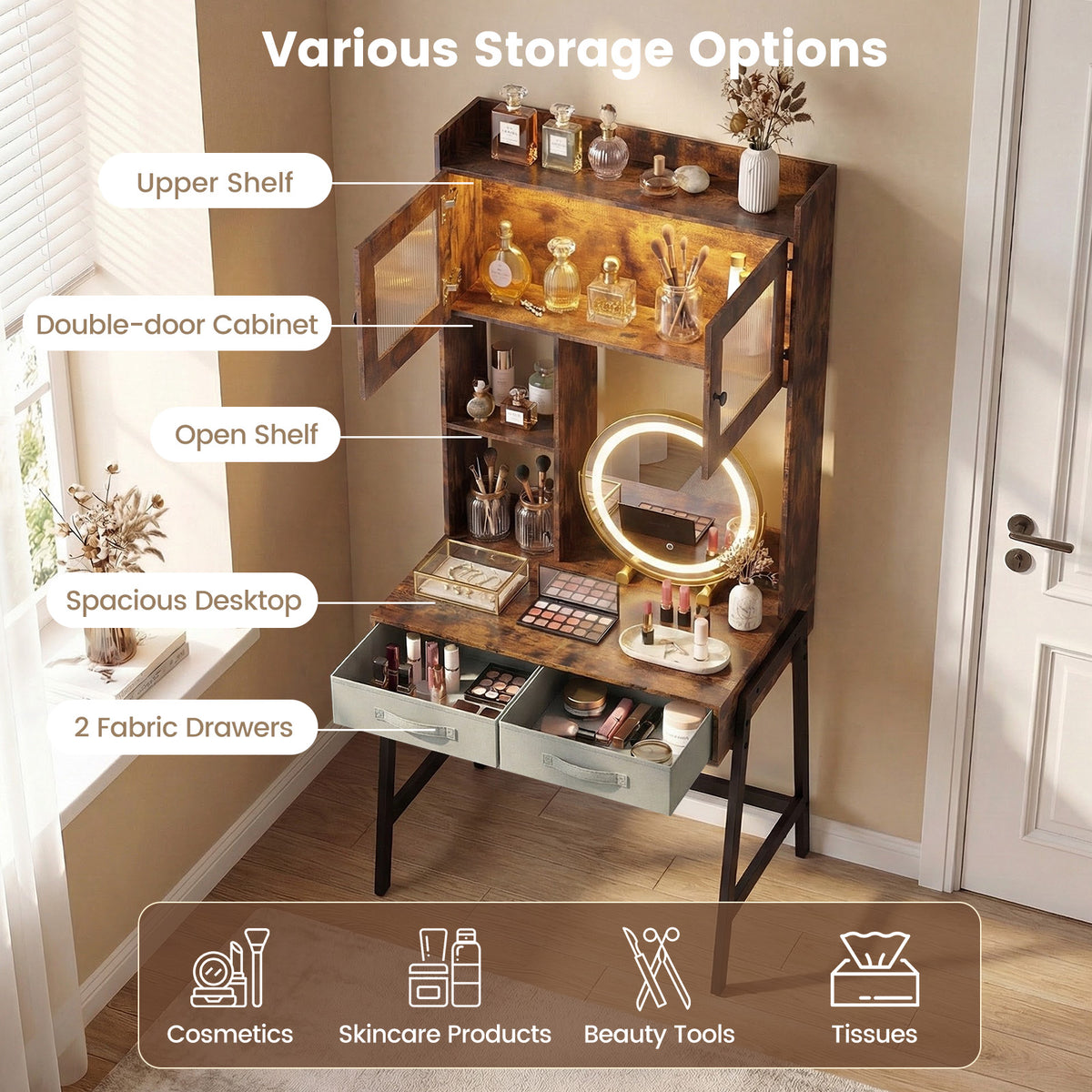 Vanity Desk with Rotatable Mirror and Lights Modern Dressing Table with 3 Light Colors