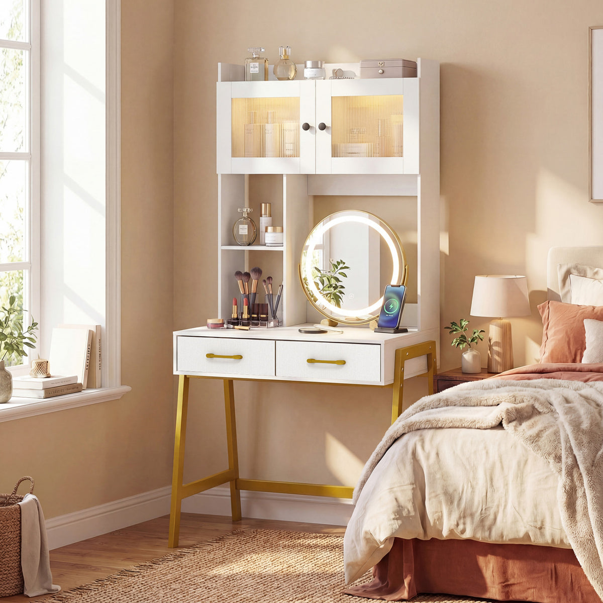 Vanity Desk with Rotatable Mirror and Lights Modern Dressing Table with 3 Light Colors