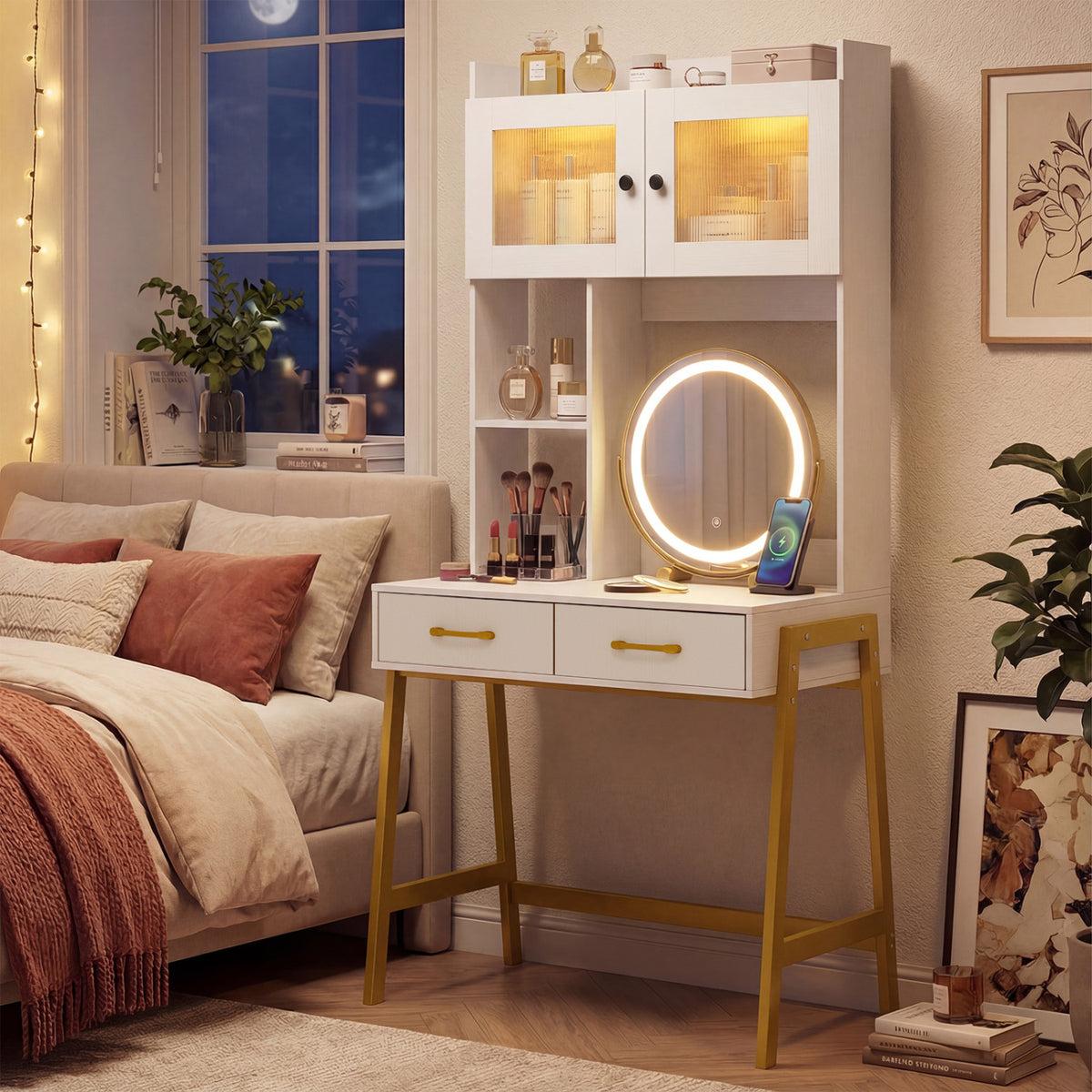 Vanity Desk with Rotatable Mirror and Lights Modern Dressing Table with 3 Light Colors