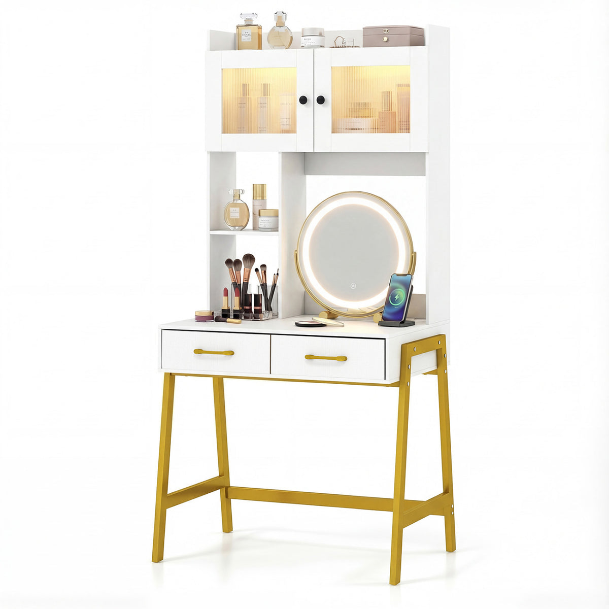Vanity Desk with Rotatable Mirror and Lights Modern Dressing Table with 3 Light Colors