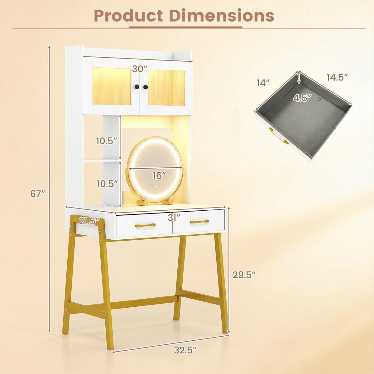 Vanity Desk with Rotatable Mirror and Lights Modern Dressing Table with 3 Light Colors