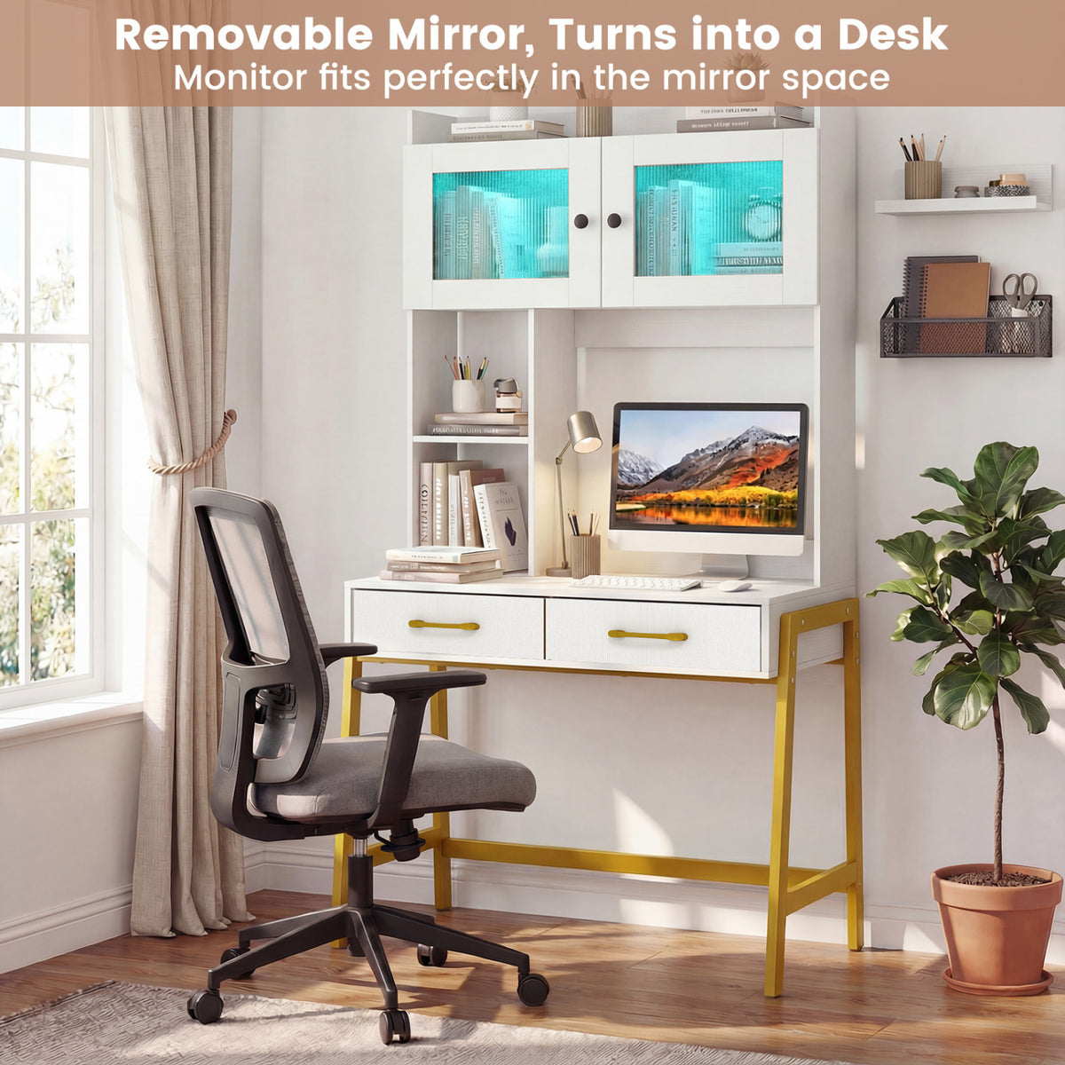 Vanity Desk with Rotatable Mirror and Lights Modern Dressing Table with 3 Light Colors