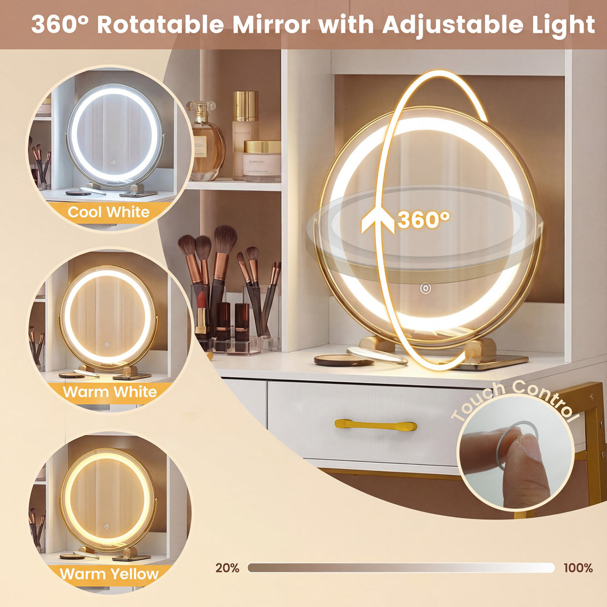 Vanity Desk with Rotatable Mirror and Lights Modern Dressing Table with 3 Light Colors