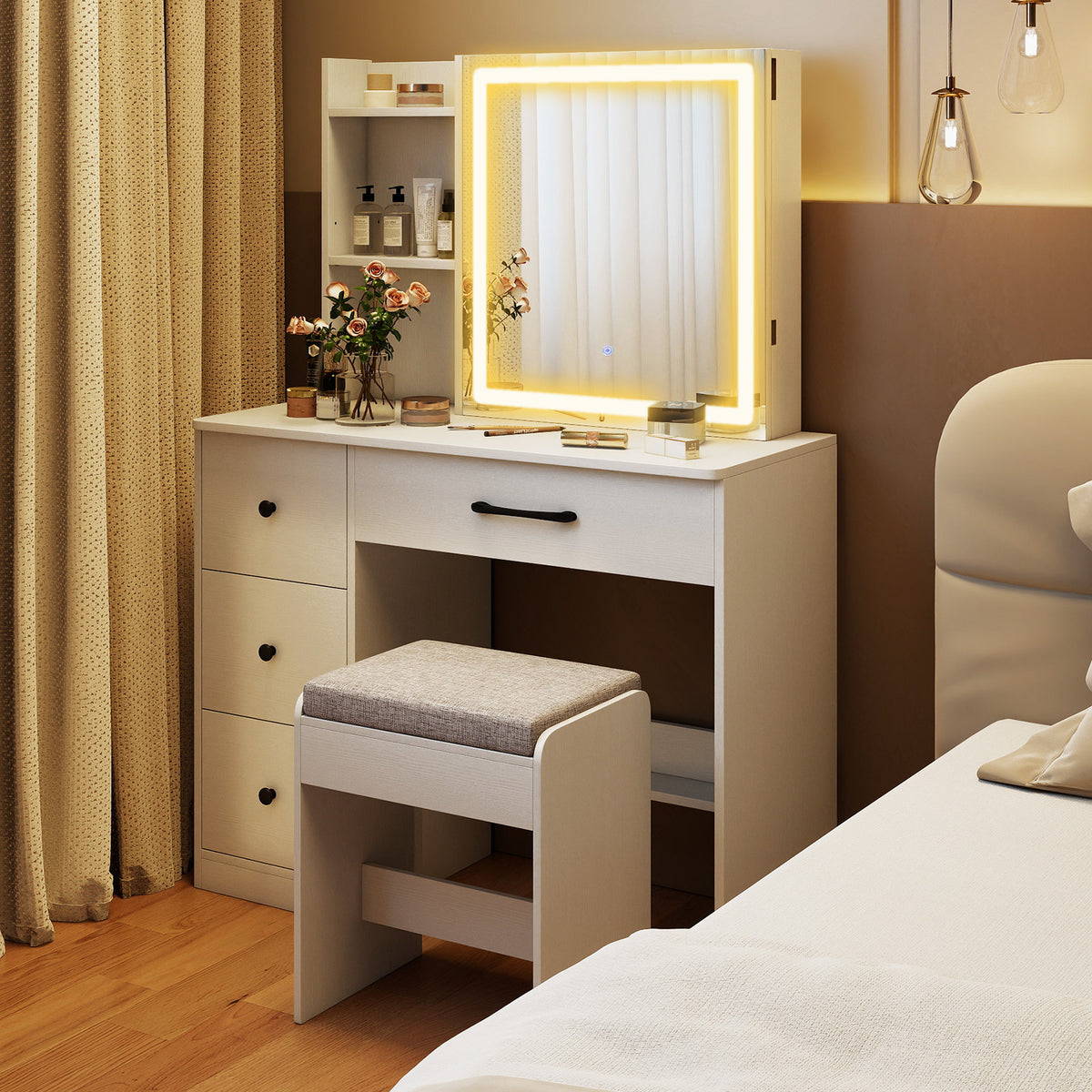 Vanity Desk with Sliding Mirror and Lights Makeup Table and Chair Set with 4 Drawers-White