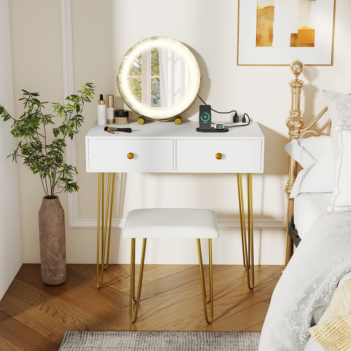 Vanity Desk with with Lighted Adjustable Mirror for Bedroom