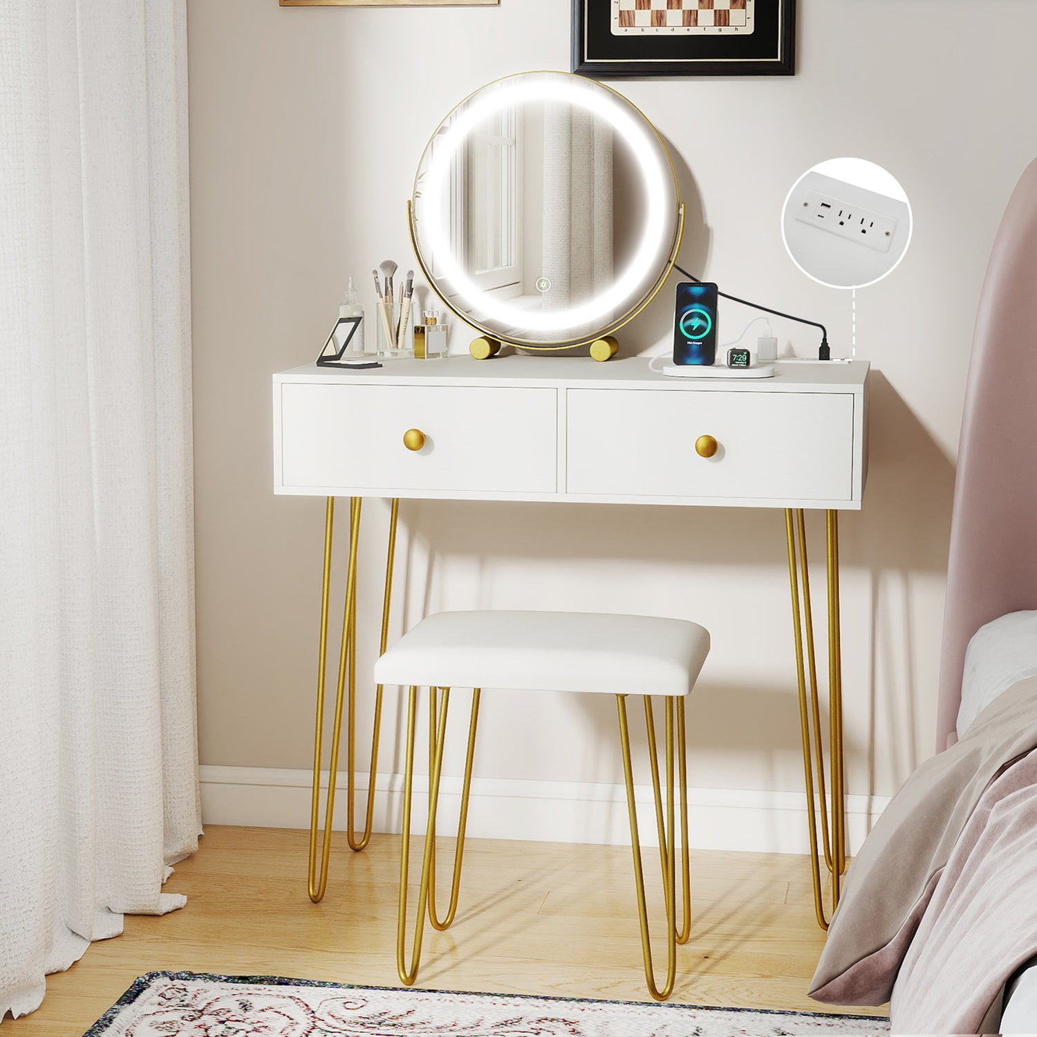 Vanity Desk with with Lighted Adjustable Mirror for Bedroom-White