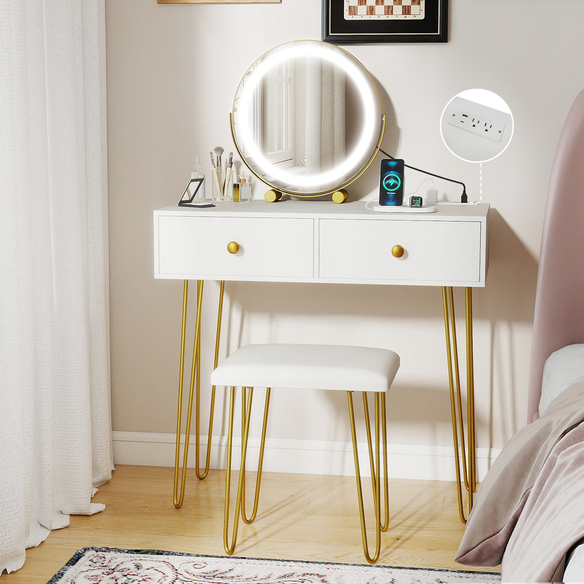Vanity Desk with with Lighted Adjustable Mirror for Bedroom