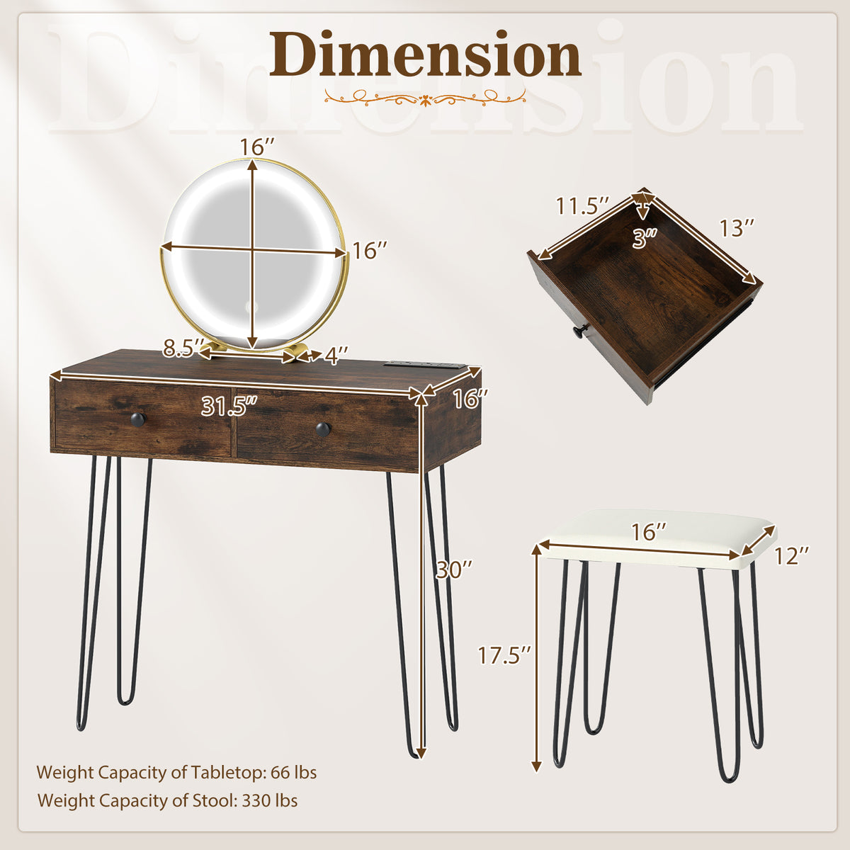Vanity Desk with with Lighted Adjustable Mirror for Bedroom