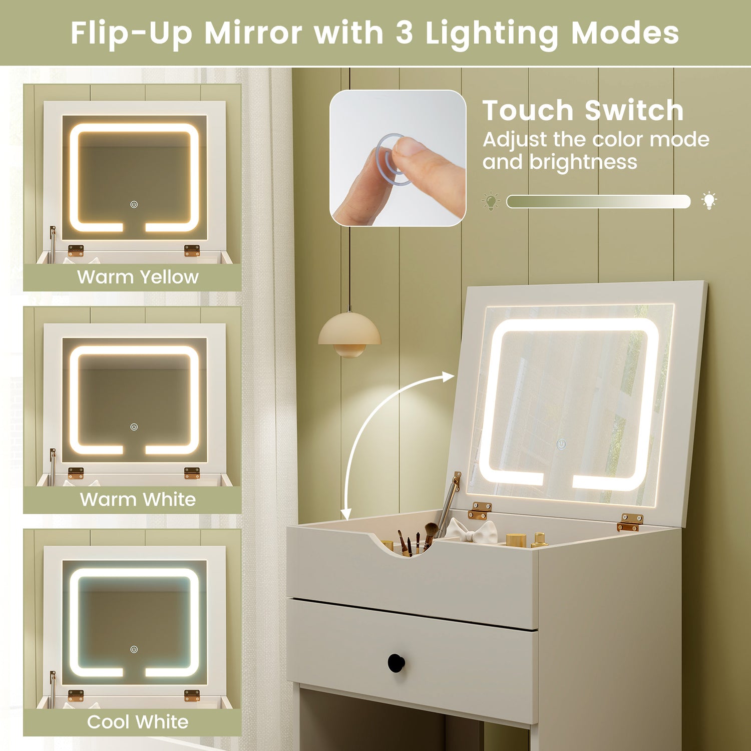 3-in-1 Vanity Set with Cushioned Stool and Flip-up Mirror-White