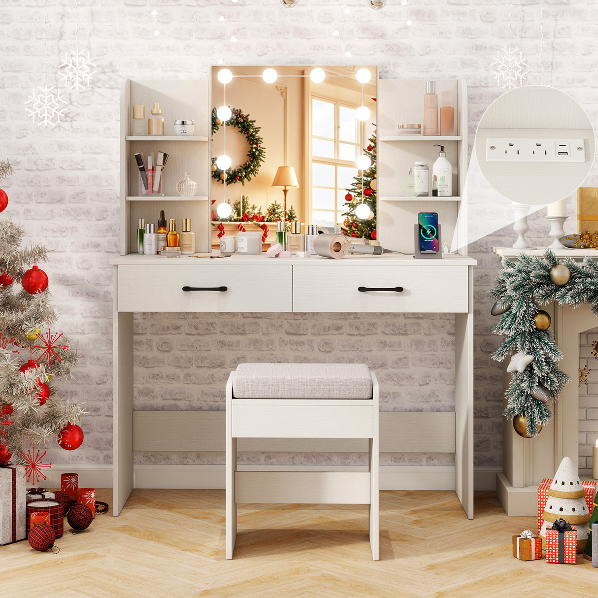 Vanity Set with Lighted Mirror and Stool with Power Outlet