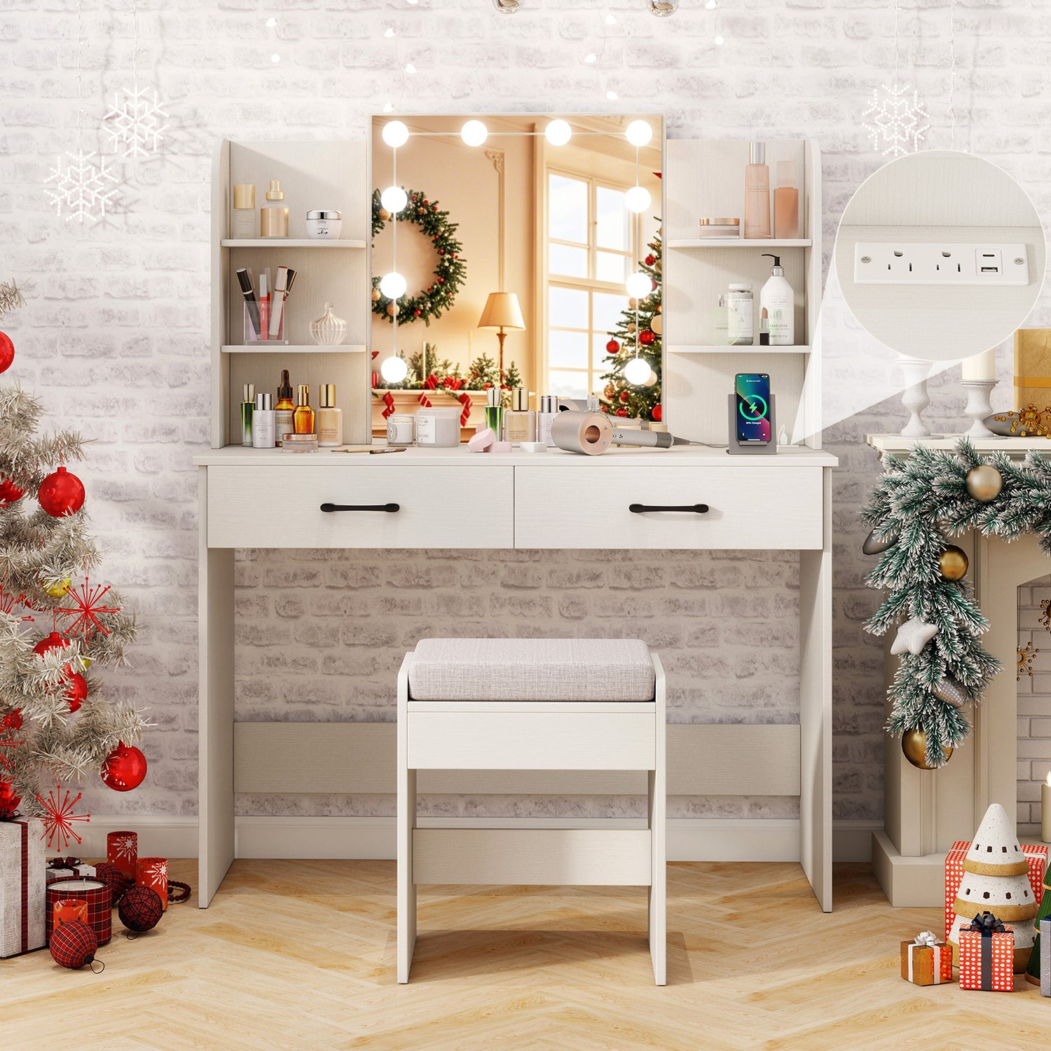 Vanity Set with Lighted Mirror and Stool with Power Outlet