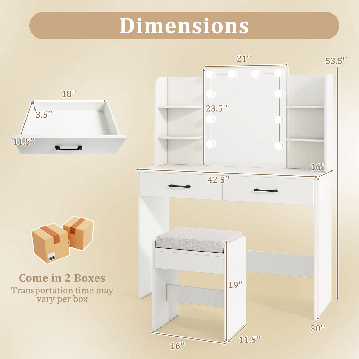 Vanity Set with Lighted Mirror and Stool with Power Outlet
