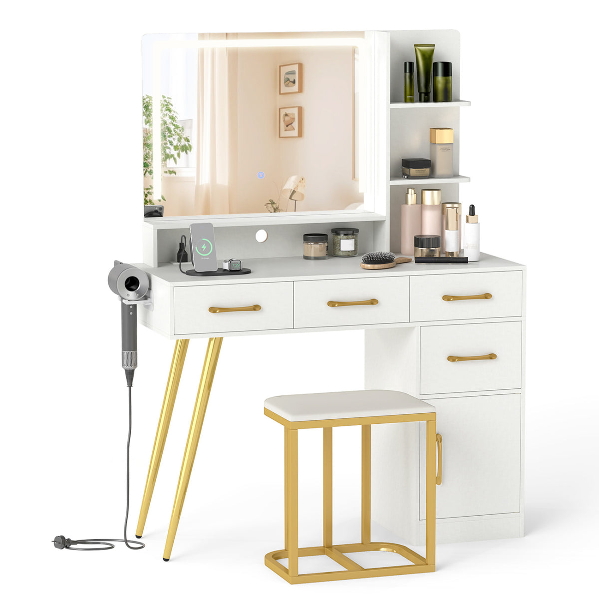 Vanity Set with Mirror and Lights and Table with Adjustable Brightness-White